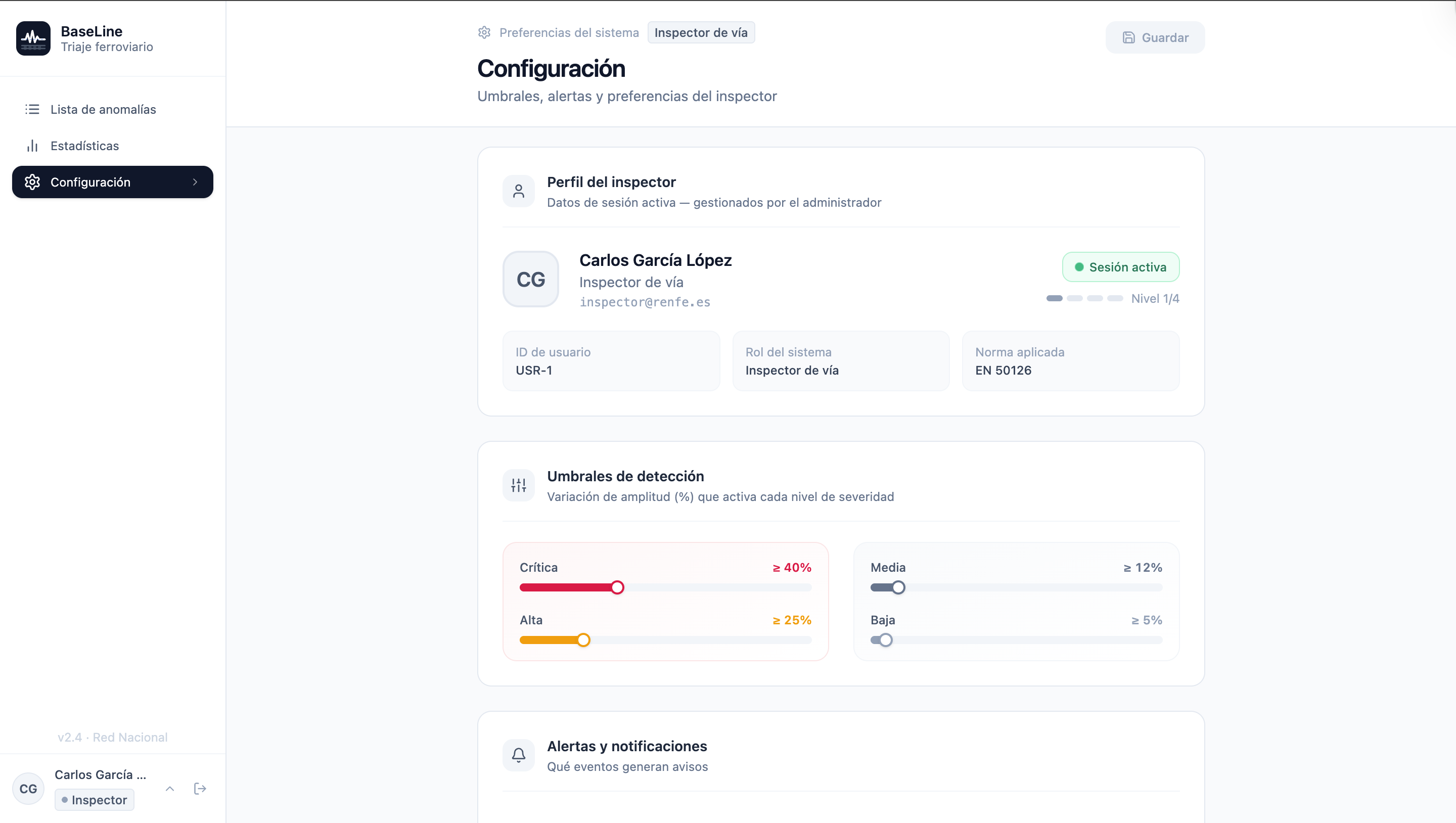 BaseLine configuration panel — engineer-tunable thresholds per defect class and corridor, with current baseline values and adjustment history. No automatic actions — every threshold change is logged with the engineer's identity and timestamp.